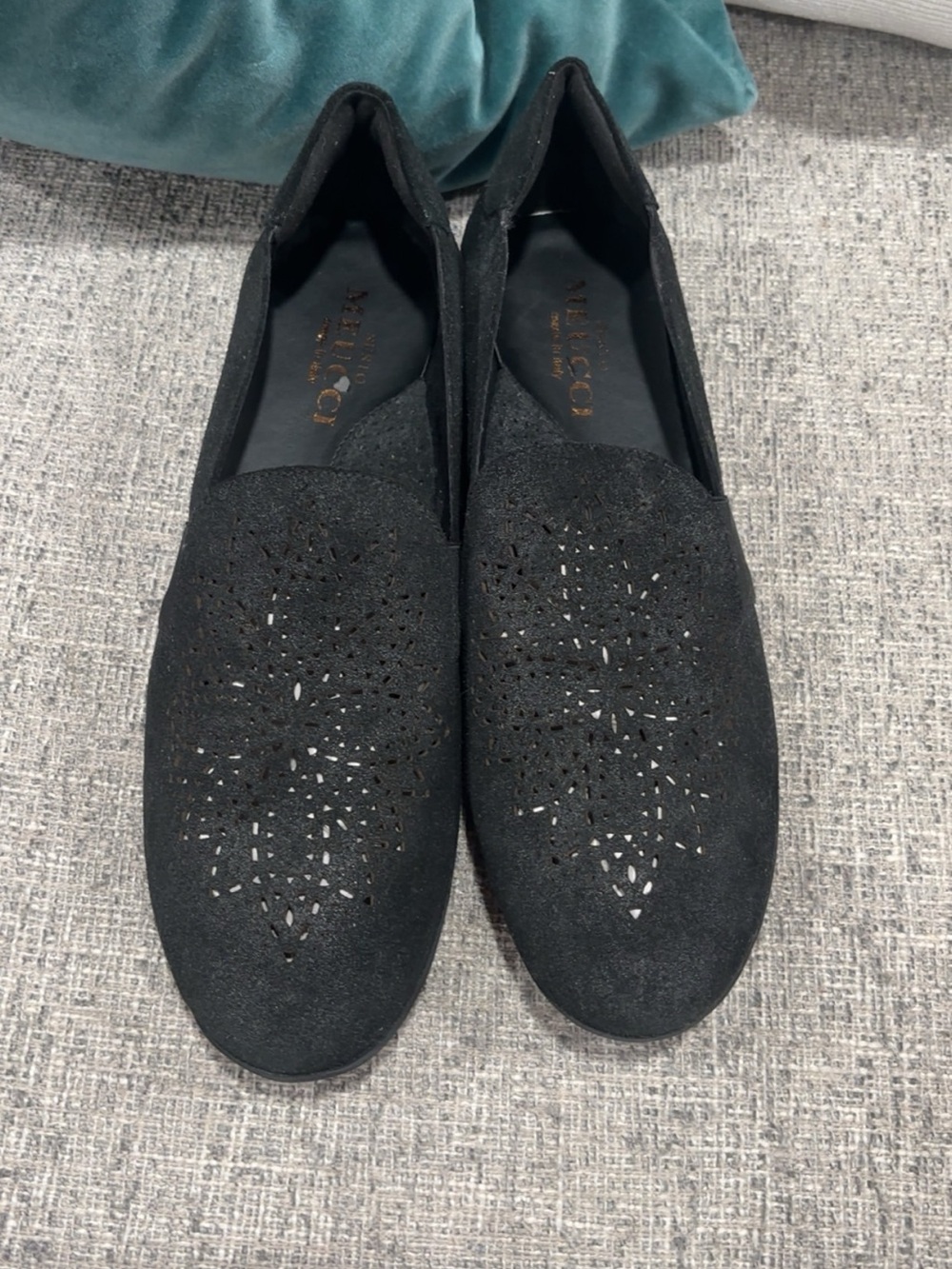 Sesto Meucci Black Suede Laser-Cut Slip-On Loafers